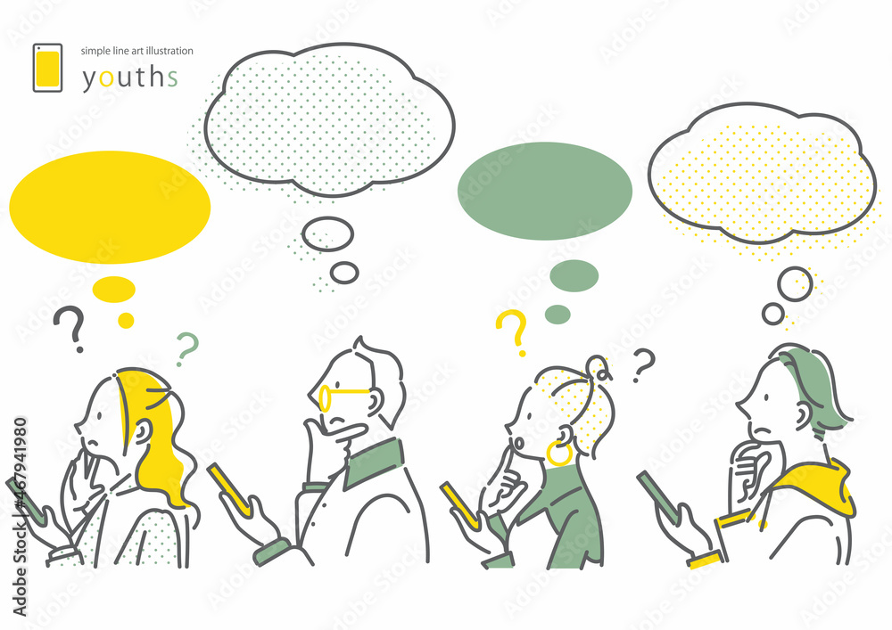 スマホを持ちながら考える若者4人セット シンプルでお洒落な線画イラスト Stock Vector Adobe Stock
