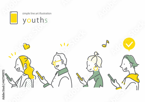 快適にスマホを使う若者4人セット　シンプルでお洒落な線画イラスト