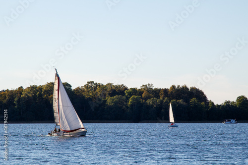 Sailing on Lake. Small Sailboats. Boat trips. 