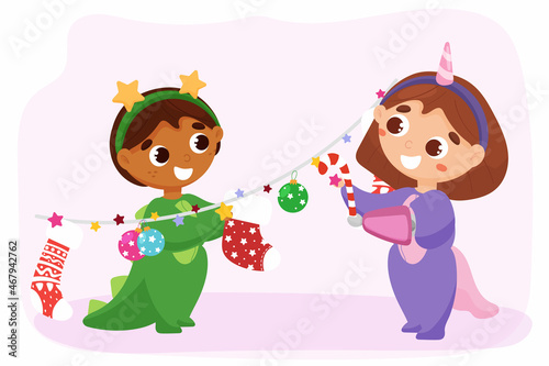 Multiethnic children making Christmas decoration