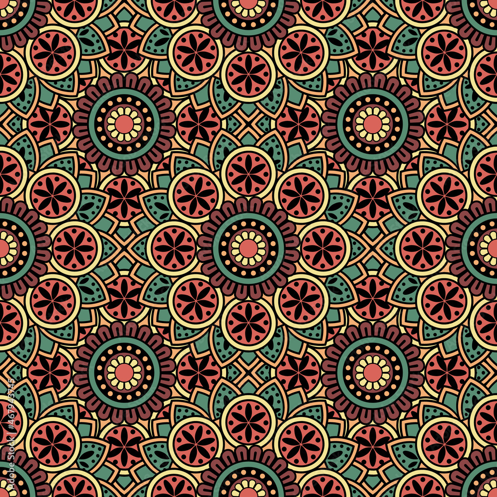 Abstract seamless mandala background. Texture in green and red colors. Oriental pattern for design, fashion print, scrapbooking
