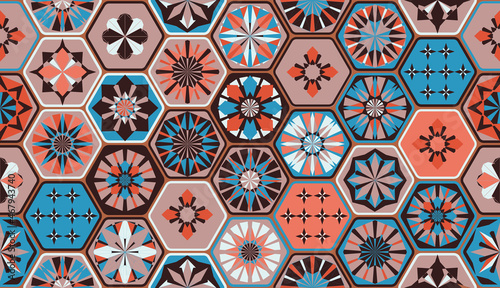 Seamless geometric pattern in retro style. Hexagonal tile pattern.