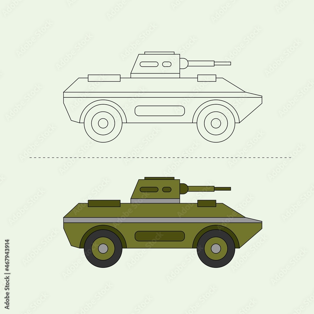 Military Vehicle Vector Design Illustration. Education Coloring book pages for kids.