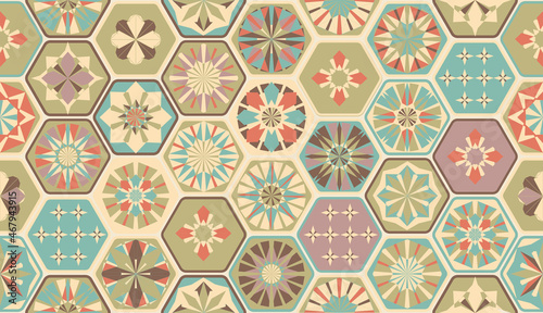 Seamless geometric pattern in retro style. Hexagonal tile pattern.