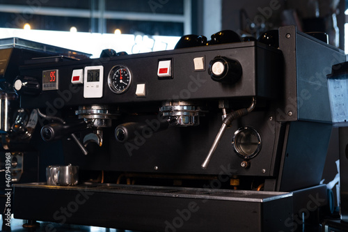 close up of a professional coffee machine. loft dark coffee shop