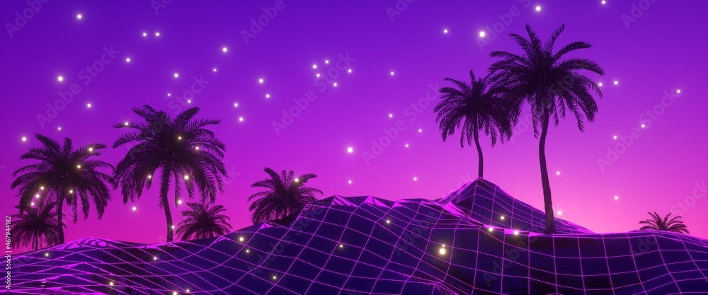 Purple neon wireframe landscape with palm trees and fireflies against violet sunset sky. Cyberpunk scene. Cyberspace art. Futuristic wallpaper in style of 80's. Synthwave stylization. 3d illustration.