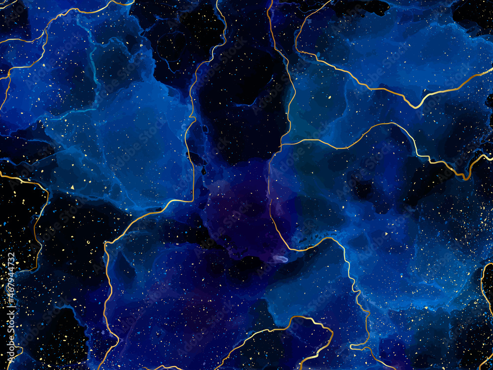 Blue marble and gold abstract background texture. Indigo, blue marbling