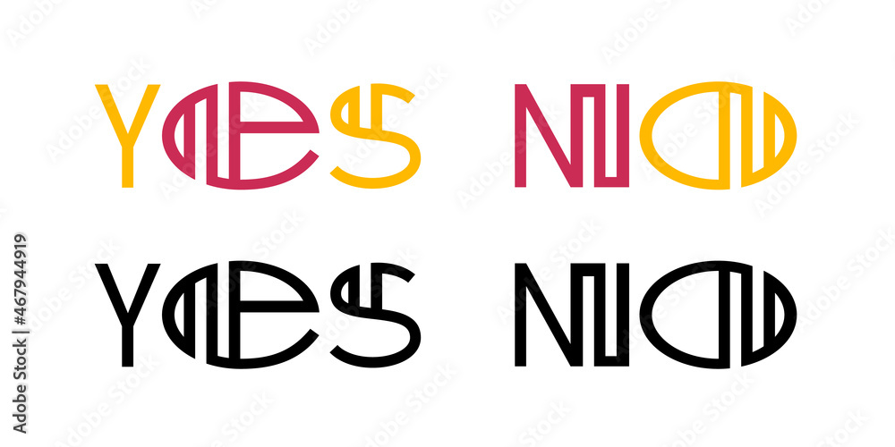 Modern style lettering Yes No colored and black shapes isolated on white background. Vector illustration.