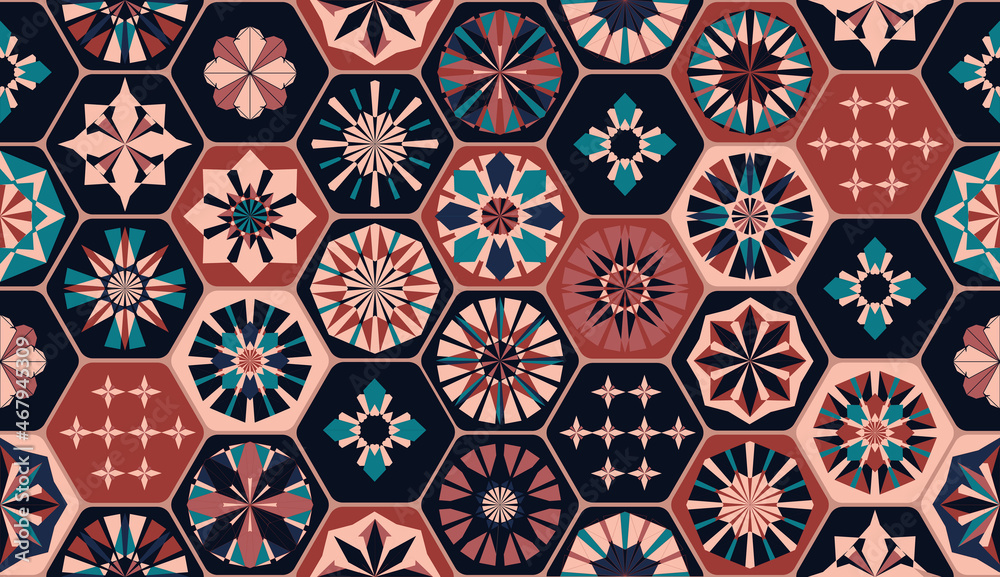 Seamless geometric pattern in retro style. Hexagonal tile pattern.