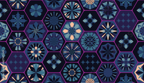 Seamless geometric pattern in retro style. Hexagonal tile pattern.