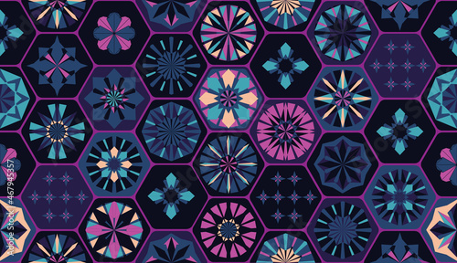 Seamless geometric pattern in retro style. Hexagonal tile pattern.