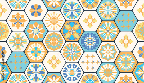 Seamless geometric pattern in retro style. Hexagonal tile pattern.