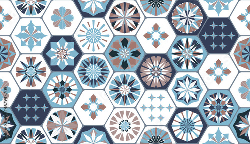 Seamless geometric pattern in retro style. Hexagonal tile pattern.