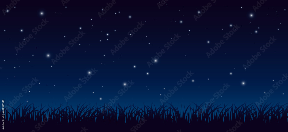 Fototapeta premium Blue dark night sky with lot of shiny stars and grass ground silhoutte background