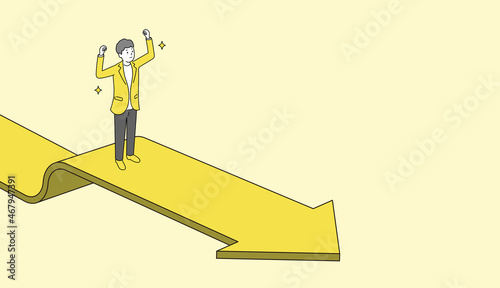 ビジネスパーソンと伸びる矢印、黄色とグレーのイラスト、コピースペース、ベクター