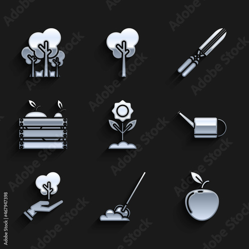 Set Flower, Shovel in the ground, Apple, Watering can, Tree hand of environmental protection, Wooden box for fruits vegetables, Gardening handmade scissors trimming and Trees icon. Vector