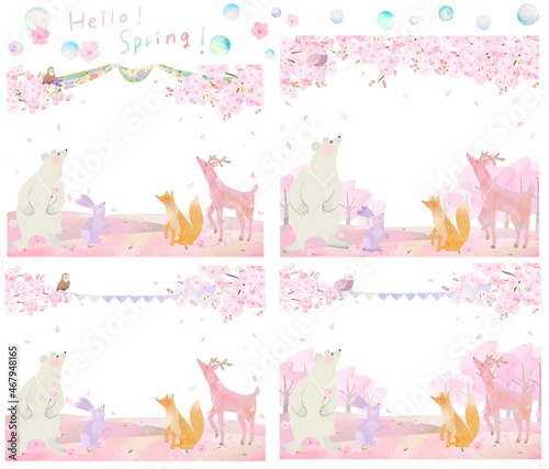 森の動物が満開の桜の木の下にいる春の北欧風かわいいフレームセットイラストベクター素材 