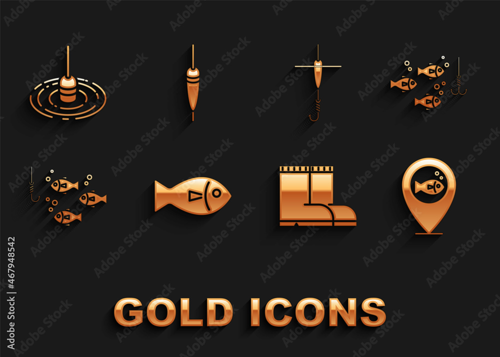 Set Fish, Fishing hook under water with fish, Location fishing, boots, and float, and icon. Vector Set Fish, Fishing hook under water with fish, Location fishing, boots, and float, and icon. Vector