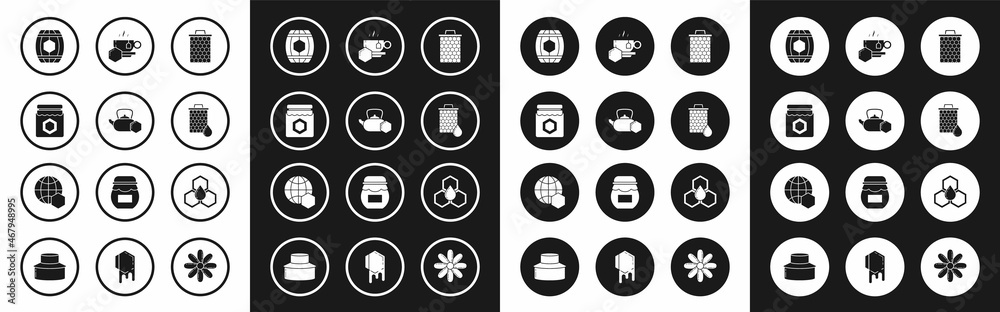 Set Honeycomb, Tea kettle with honey, Jar of, Wooden barrel, Cup tea, and map the world icon. Vector