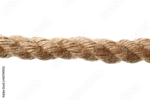 Hemp rope on white background, closeup. Organic material
