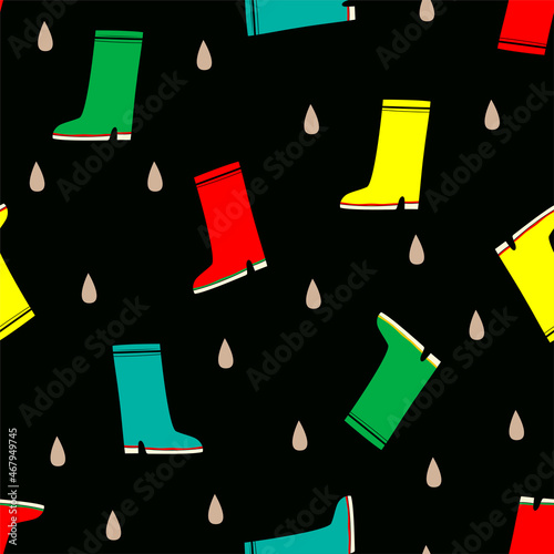 Seamless Pattern with multicolor boots and rain drops on black background. Stylish autumn mimimalistic pattern for textile,wallpaper, designer paper ect.