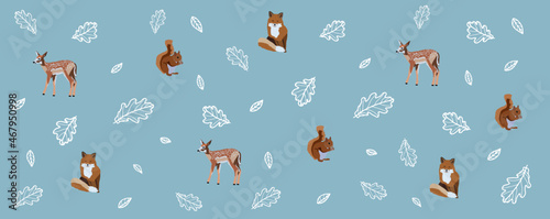 Animals and leaves. Fox, deer and squirrel. Wild forest animal and automn/winter. Vector illustration. All elements are editabled and isolated.	
