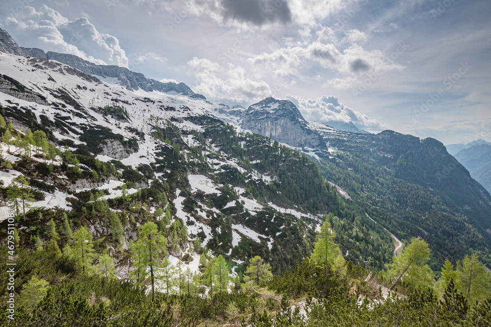 Beautiful snow mountain landscape. Sella Nevea, Julian Alps, Friuli-Venezia Giulia, Italy