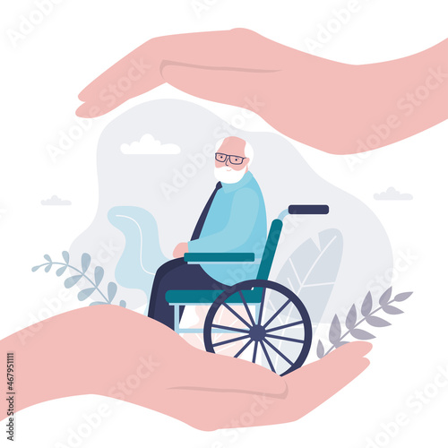 Insurance and healthcare concept background. Big hands of businessman covering old man with care. Medical or financial assurance banner. Elderly person, grandfather.