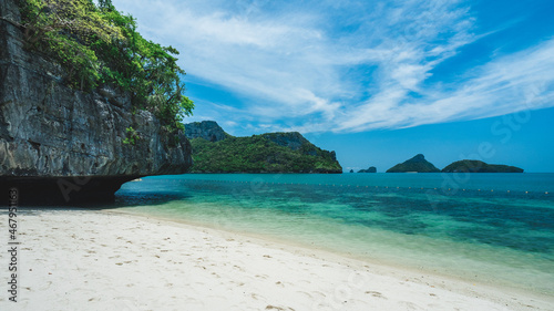 White sand beach rock formation island with turquoise water. Mae Ko Island, Mu Koh Ang Thong, near Koh Samui Island, Thailand.