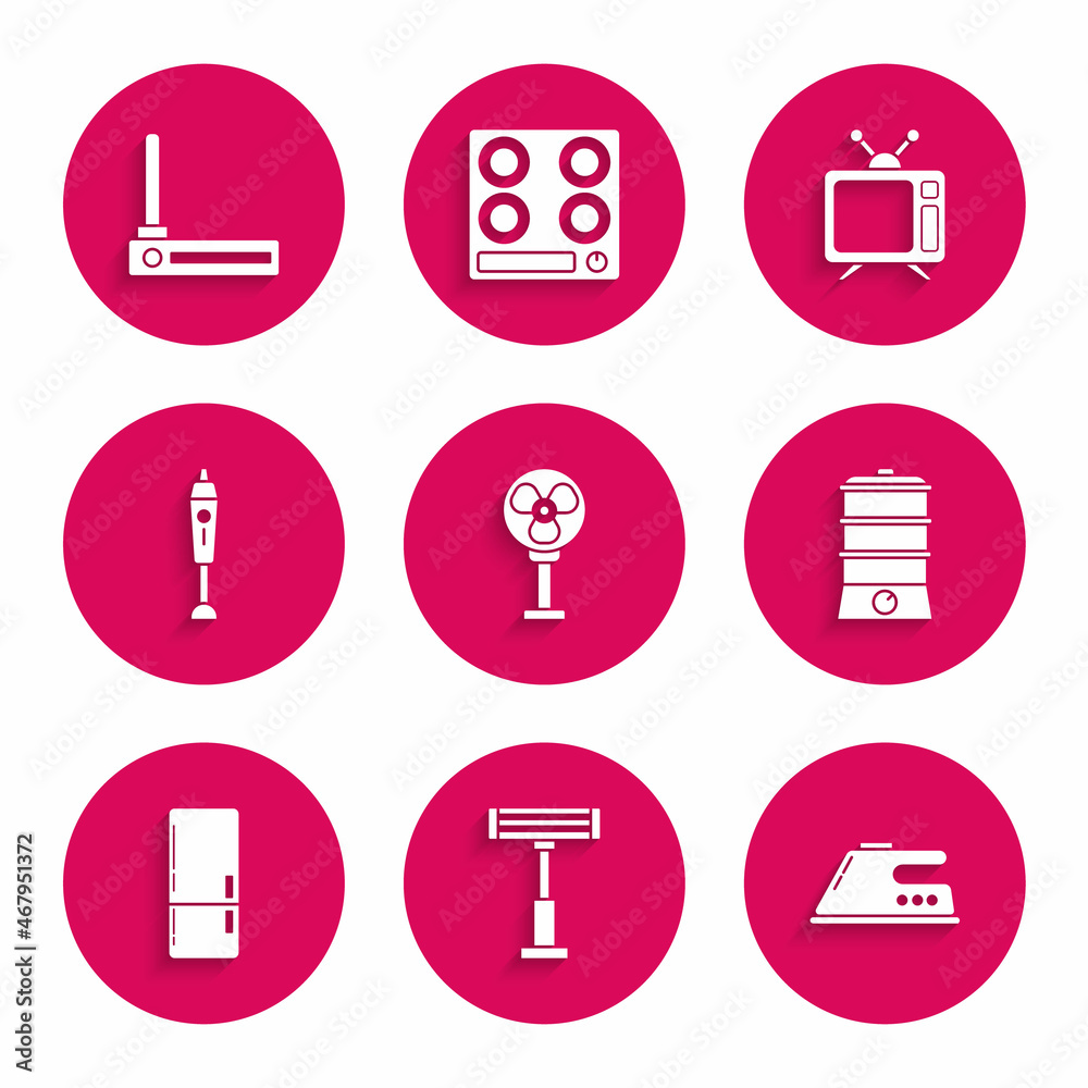 Set Electric fan, heater, iron, Double boiler, Refrigerator, Blender, Television and Router and wi-fi signal icon. Vector Set Electric fan, heater, iron, Double boiler, Refrigerator, Blender, Television and Router and wi-fi signal icon. Vector