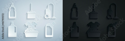 Set Plastic basin with soap suds, Vacuum cleaner, bottles for liquid dishwashing liquid, Handle broom and icon. Vector