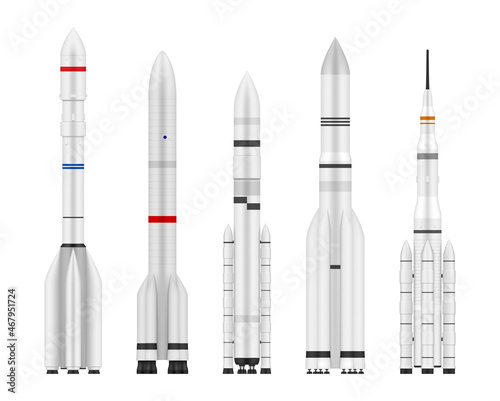 Rocket set realistic vector illustration spaceship or spacecraft open space exploration travel