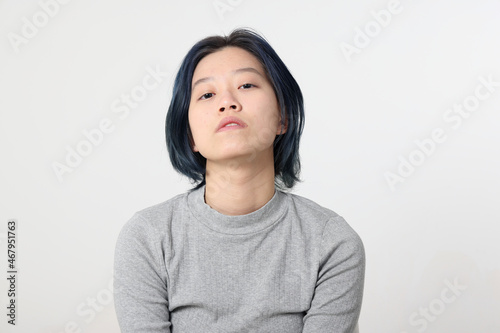 Young attractive Asian chinese malay woman pose face body expression mode emotion on white background look