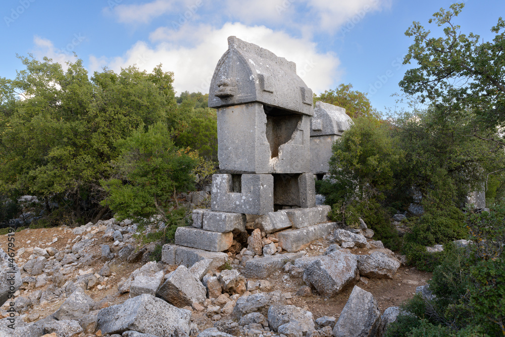 Lycian sarcophagus tombs in acient city Kyaneai. Lycian sarcophagus tombs in acient city Kyaneai.