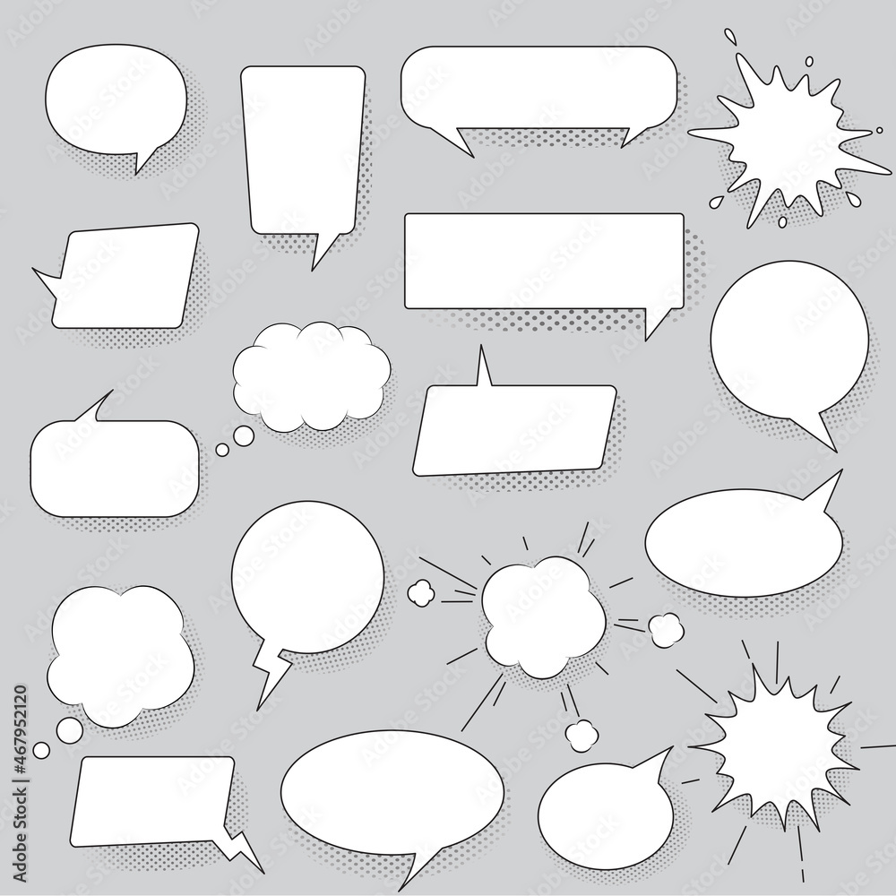 Fototapeta Speech bubbles set isolated on gray background. Collection of trendy speech bubbles with shadow in flat style. Speech bubble template for social network and app concept. Vector illustration
