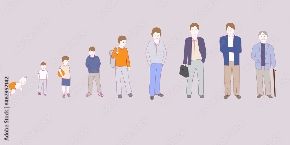 Life cycles of man isolated on background. Cartoon people set. Collection of hand drawn people for: web site, poster, placard and wallpaper. Creative art concept, vector illustration Life cycles of man isolated on background. Cartoon people set. Collection of hand drawn people for: web site, poster, placard and wallpaper. Creative art concept, vector illustration