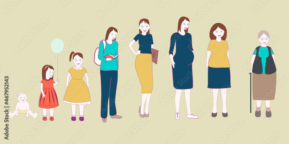 Life cycles of woman isolated on background. Cartoon people set. Collection of hand drawn people for: web site, poster, placard and wallpaper. Creative art concept, vector illustration