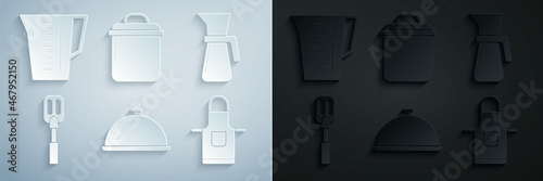 Set Covered with a tray of food, Measuring cup, Spatula, Kitchen apron, Cooking pot and icon. Vector