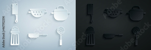 Set Frying pan, Cooking pot, Salt, Spatula, Kitchen colander and Meat chopper icon. Vector
