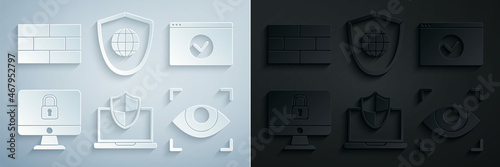 Set Laptop protected with shield, Secure your site HTTPS, SSL, Lock on computer monitor screen, Eye scan, Shield world globe and Bricks icon. Vector