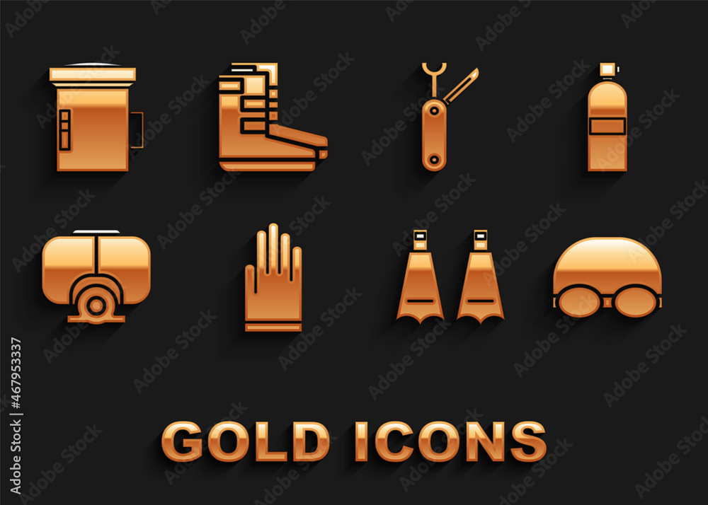 Set Gloves, Aqualung, Glasses and cap for swimming, Rubber flippers, Diving mask, Swiss army knife, Big flashlight diver and Boots icon. Vector Set Gloves, Aqualung, Glasses and cap for swimming, Rubber flippers, Diving mask, Swiss army knife, Big flashlight diver and Boots icon. Vector