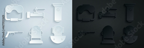 Set Buoy, Flashlight, Fishing harpoon, Aqualung, Industry metallic pipes and valve and Diving mask icon. Vector