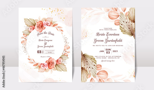 Floral wedding invitation template set with brown and peach roses flowers and leaves decoration. Foliage card design concept