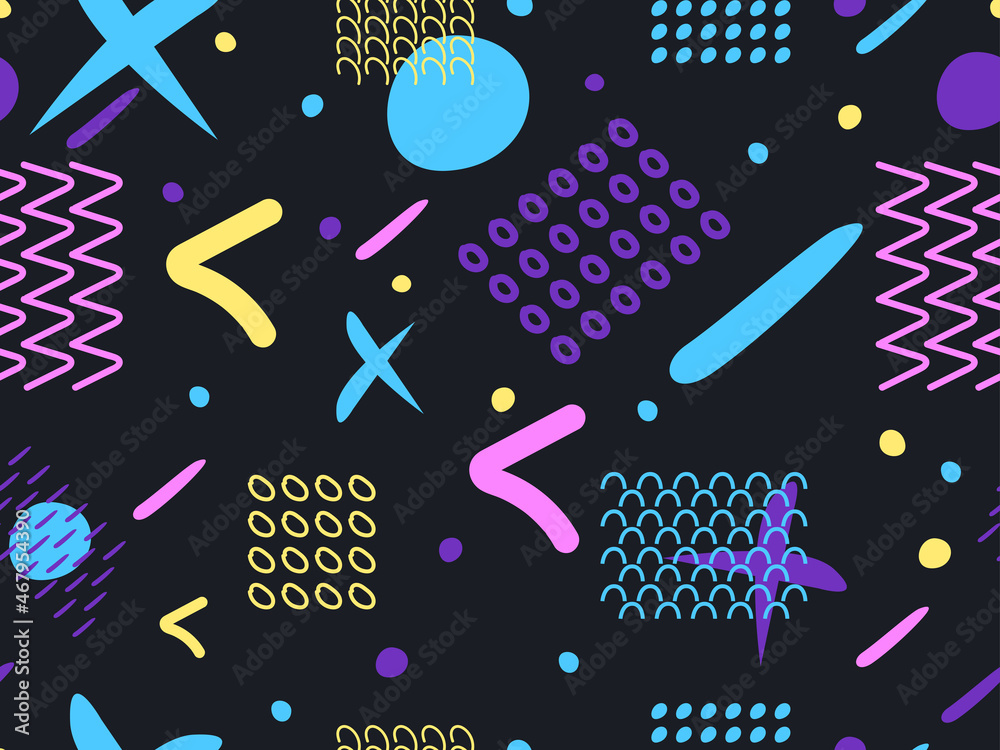 Hand-drawn 80s style geometric seamless pattern. Memphis style elements. Colorful abstract background for printing, wrapping paper and promotional items. Vector illustration Hand-drawn 80s style geometric seamless pattern. Memphis style elements. Colorful abstract background for printing, wrapping paper and promotional items. Vector illustration