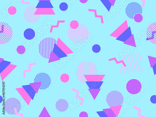 Christmas seamless pattern in 80s style with Christmas trees and geometric shapes. Xmas design for printing on promotional materials, wrapping paper and banners. Vector illustration