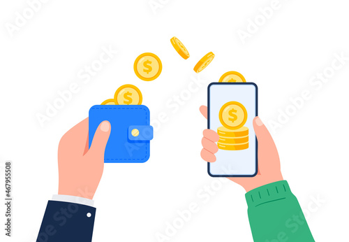 Send money from a wallet to an online bank account. Cash and non-cash money turnover. Financial operations, transactions, investments, and payment concept. Vector flat illustration.