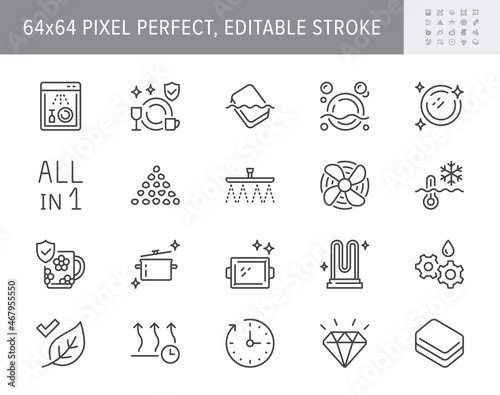 Dishwasher detergent features line icons. Vector illustration with icon - glass protection, tablet, soaking effect, phosphate free outline pictogram for cleanser. 64x64 Pixel Perfect, Editable Stroke