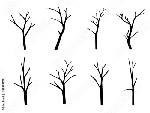vector illustration set Dry bare tree silhouette with no living leaves. Dead wood. Hand drawn damaged environment. isolated on a white background