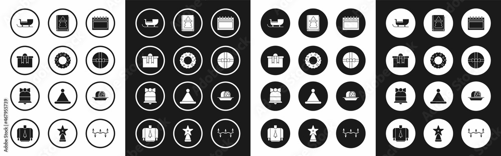 Set Calendar, Christmas wreath, Gift box, santa claus sleigh, book, Marzipan sponge cake and Merry ringing bell icon. Vector