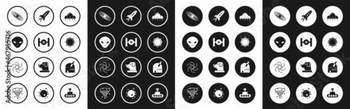 Set UFO flying spaceship, Cosmic, Alien, Planet, Sun, Rocket with fire, Astronomical observatory and Black hole icon. Vector